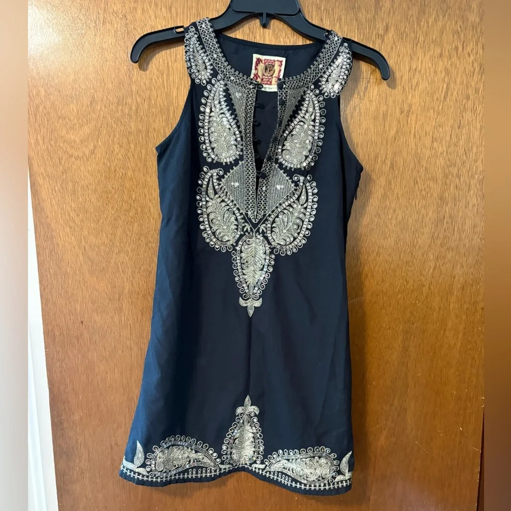Free People Black Embroidered Sequin Tunic Dress Boho Lined Size 0 XS - Picture 1 of 8